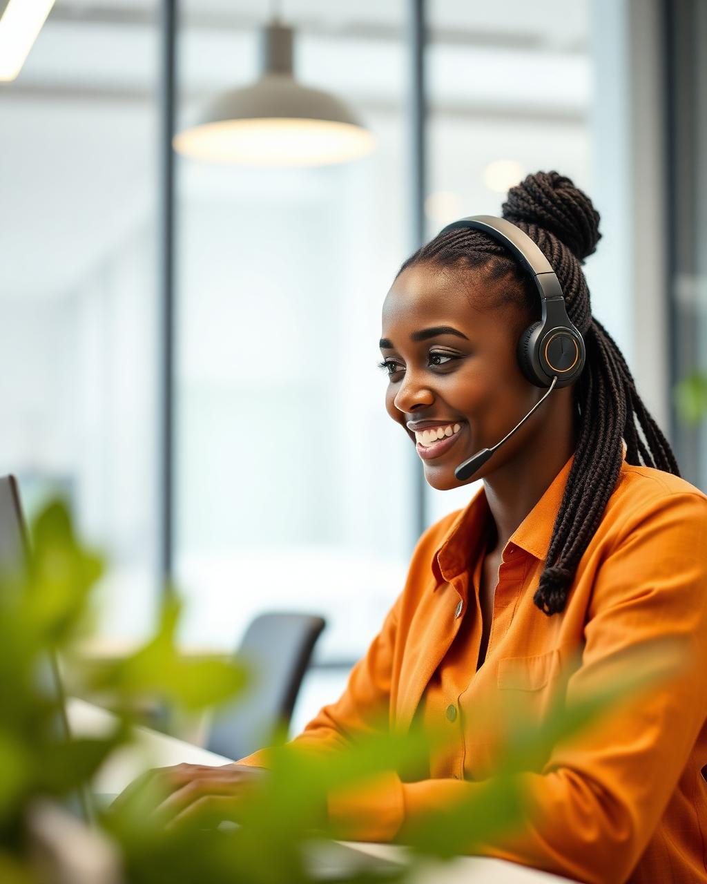 Friendly support agent smiling at her laptop